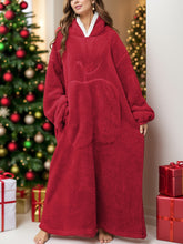 Pocketed Contrast Long Sleeve Hooded Lounge Dress Burgundy One Size OutfitFlow