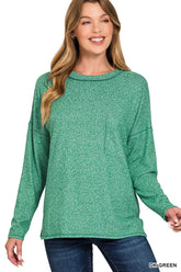 Zenana Soft Melange Hacci Round-Neck Long Sleeve T-Shirt DK GREEN OutfitFlow