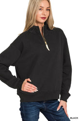 Zenana Fleece Half Zip Sweatshirt BLACK OutfitFlow