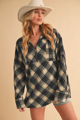 Aemi + Co Slit Plaid Half Zip Drop Shoulder Top Black OutfitFlow