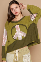 POL Long Sleeve Cut Sew Peace Emblem Top Greenery OutfitFlow