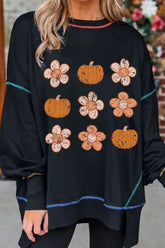 Pumpkin & Flower Graphic Long Sleeve Sweatshirt Black OutfitFlow