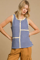 Umgee Round Neck Texture Striped Tank Blue OutfitFlow
