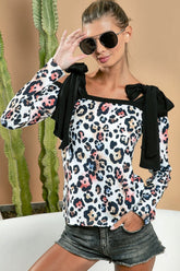 BiBi Leopard Shoulder Tie Long Sleeve Top Black Ribbon OutfitFlow
