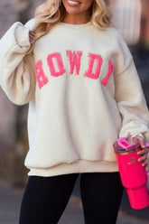 HOWDY Patched Round Neck Sherpa Sweatshirt Ivory OutfitFlow