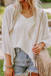 Openwork High Low Hem V Neck Oversized Top White OutfitFlow