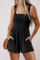 Square Neck Smocked Romper with Pocket Black OutfitFlow