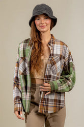 Plaid Collared Neck Long Sleeve Shirt Matcha Green OutfitFlow