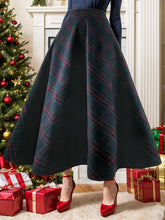 Plaid Elastic Waist Midi Skirt Dark Navy OutfitFlow