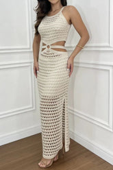 Cutout Slit Round Neck Sweater Dress Beige OutfitFlow