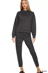 Zenana Scuba Mock Neck Sweatshirt and Joggers Set BLACK OutfitFlow