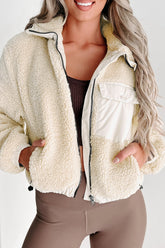 Drawstring Zip Up Sherpa Jacket with Removable Hood Cream OutfitFlow