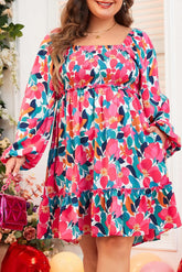 Plus Size Smocked Floral Square Neck Balloon Sleeve Dress Floral OutfitFlow