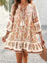 Devine Tassel Floral Tie Neck Mini Dress Tan OutfitFlow