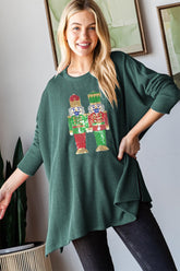 Heimish Sequin Nutcracker Long Sleeve Ribbed Top Hunter Green OutfitFlow