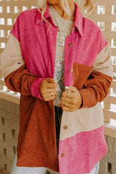 Color Block Curved Hem Corduroy Shacket with Pocket Hot Pink OutfitFlow