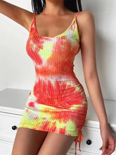 Tie-Dye Ribbed Mini Dress with Side Drawstring Coral OutfitFlow
