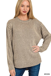 Zenana Curved Hem Two-Tone Ribbed Sweater BROWN OutfitFlow