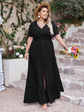 Plus Size Ruffled Hem Button Down V-Neck Short Sleeve Maxi Dress Black OutfitFlow