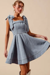 SO ME A Line Fit and Flare Diamond Bow Ribbon Denim Dres LT DENIM OutfitFlow