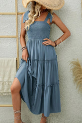 Smocked Tiered Midi Dress with Tie Straps Grayblue OutfitFlow