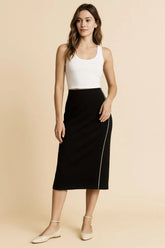 Umgee Midi Pencil Skirt with Contrast Piping Detail Black OutfitFlow