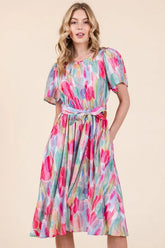 Lime 'N' Chili Watercolor Print Tie Front Midi Dress PINK COMBO OutfitFlow