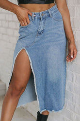 Raw Hem Slit Denim Skirt with Pockets Medium OutfitFlow