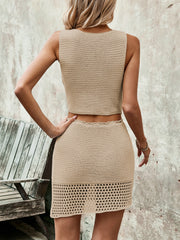 Button Up Sleeveless Top and Drawstring Skirt Set OutfitFlow