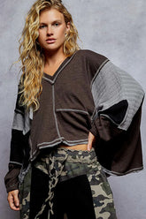 POL High-Low Hem Contrast Stitching V-Neck Top Dark Gray OutfitFlow