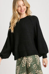 Umgee Full Size Round Neck Long Sleeve Sweater Plus Size Black OutfitFlow