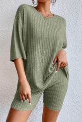 Round Neck Ribbed Top and Shorts Lounge Set Sage OutfitFlow