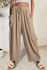 Full Size Pocketed Drawstring Wide Leg Pants Camel OutfitFlow