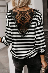 Striped Lace Detail V Neck Top Black OutfitFlow