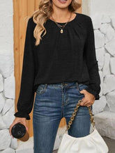 Ruched Round Neck Long Sleeve T-Shirt Black OutfitFlow