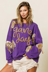 BiBi Sequin Football Patches Game Day Sweatshirt PURPLE GOLD OutfitFlow