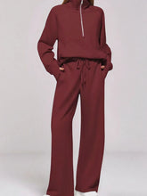 Half Zip Long Sleeve Top and Pants Set Wine Red OutfitFlow