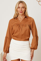 Balloon Sleeve Collared Neck Blouse Khaki OutfitFlow