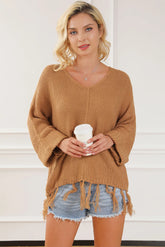 Fringe V-Neck Long Sleeve Sweater Caramel OutfitFlow
