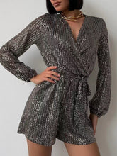 Full Size Sequin Surplice Tie Waist Long Sleeve Romper Black Silver OutfitFlow