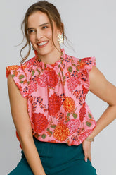 Umgee Full Size Floral Print Ruffled Cap Sleeve Blouse Plus Size PINK MIX OutfitFlow