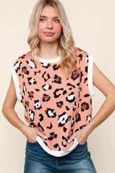 Haptics Leopard Print Dolman Cap Sleeve Knit Top Peach White OutfitFlow