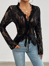 Tied V-Neck Long Sleeve Lace Top Black OutfitFlow
