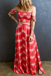 Smocked Off-Shoulder Top and Slit Skirt Set Strawberry OutfitFlow