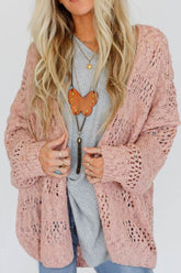 Openwork Open Front Long Sleeve Cardigan Dusty Pink OutfitFlow