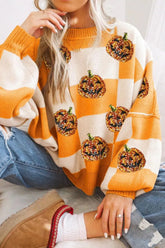 Pumpkin Checkered Round Neck Long Sleeve Sweater Tangerine OutfitFlow