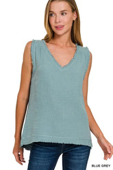 Zenana Double Gauze Raw Edge V-Neck Tank BLUE GREY OutfitFlow
