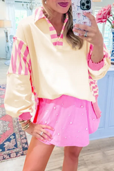 Striped Johnny Collar Long Sleeve Sweatshirt Ivory OutfitFlow