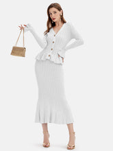 Ruffled V-Neck Top and Midi Skirt Sweater Set White One Size OutfitFlow