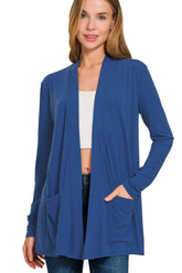 Zenana Slouchy Lightweight Open Front Pocket Cardigan LT NAVY OutfitFlow